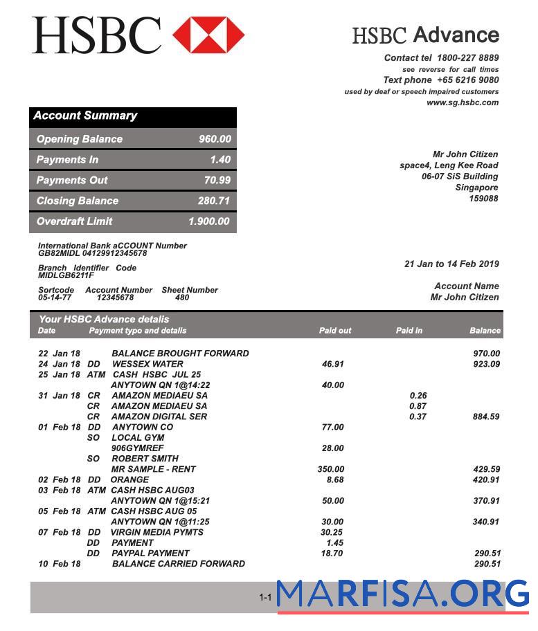 Printable Singapore HSBC bank statement word example